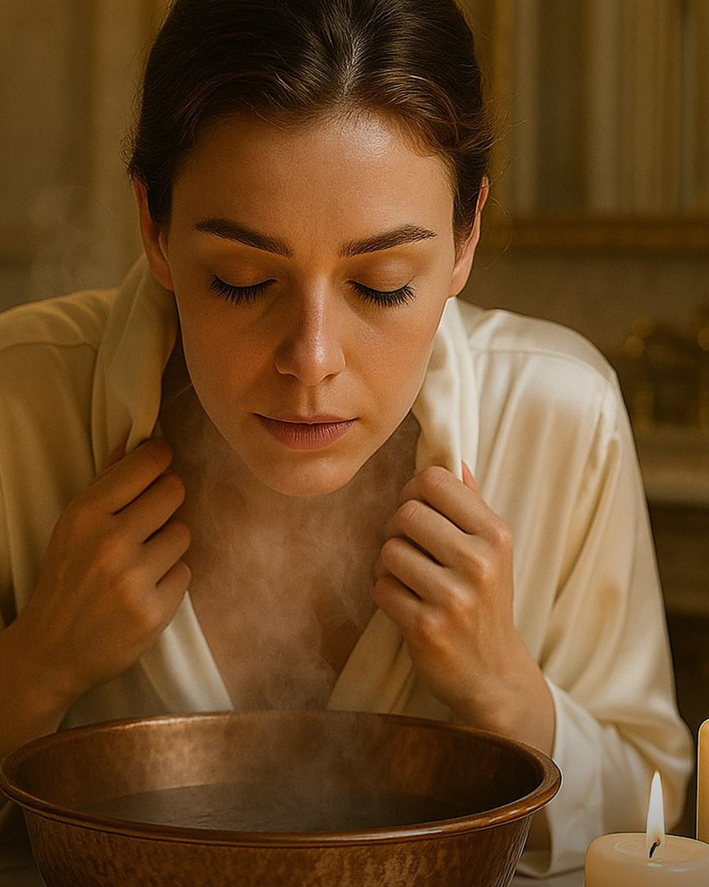 A woman in a cream robe breathing the steam rising from a bowl, eyes closed