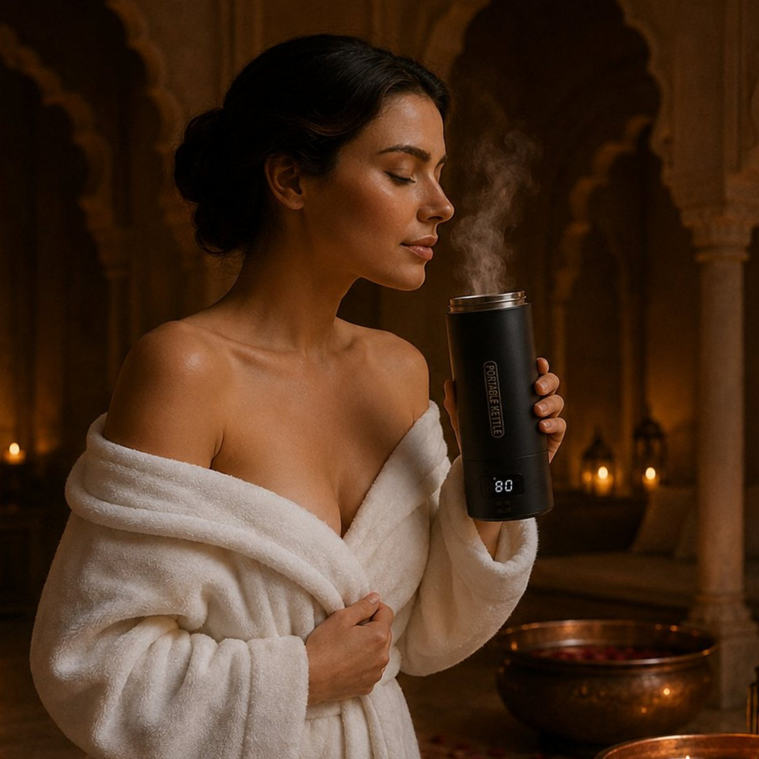 A woman in a white robe breathing the vapour rising from a black electric kettle